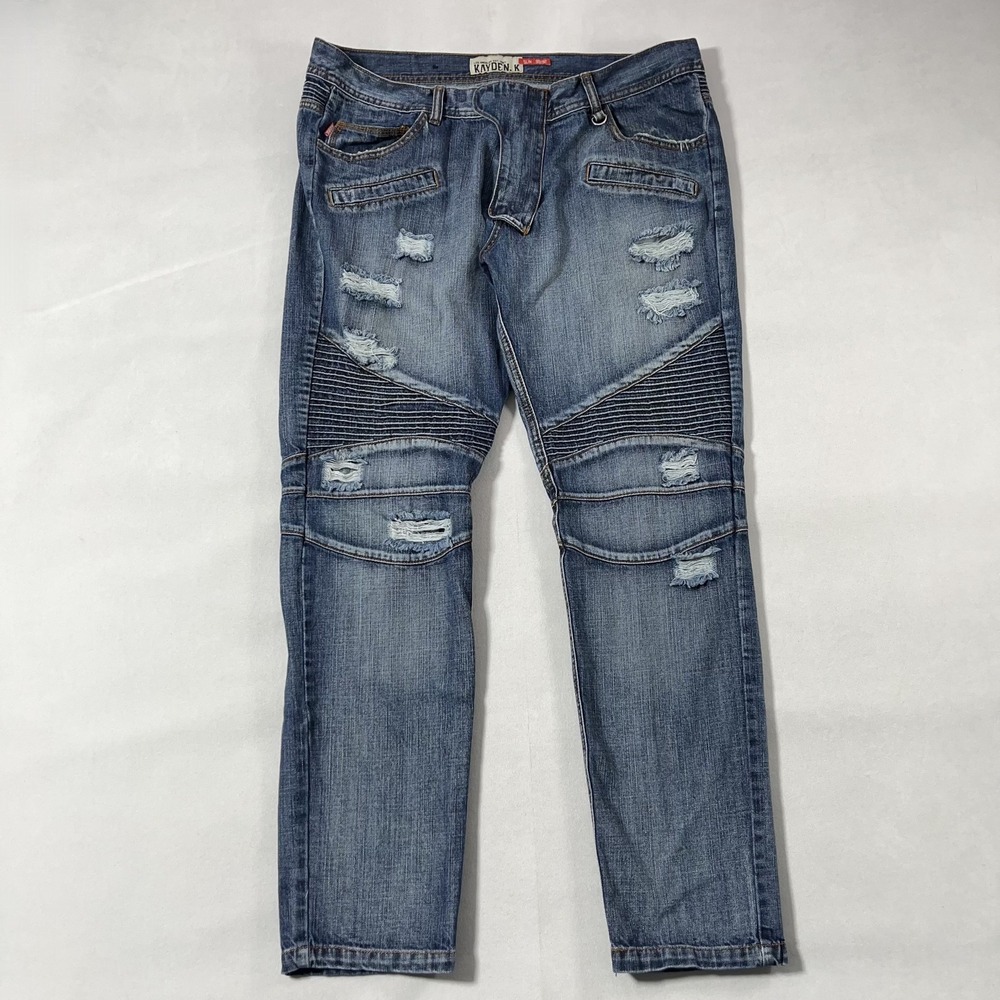 Kayden K Jeans Mens 38x32 Blue Distressed‎ Slim Moto Biker Wash Denim Pants